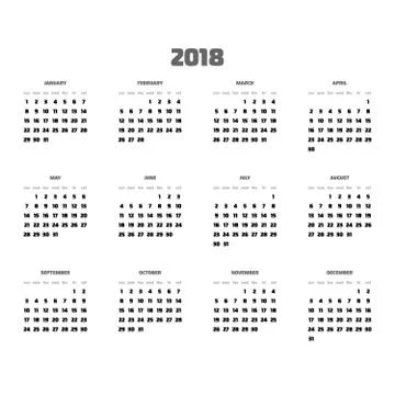 Vector calendar - Year 2018. Week starts from Sunday. Simple flat vector Stock Illustration