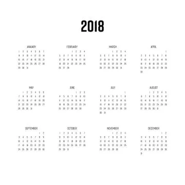 Vector calendar - Year 2018. Week starts from Sunday. Simple flat vector Stock Illustration