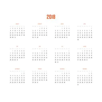 Vector calendar - Year 2018. Week starts from Sunday. Simple flat vector Stock Illustration