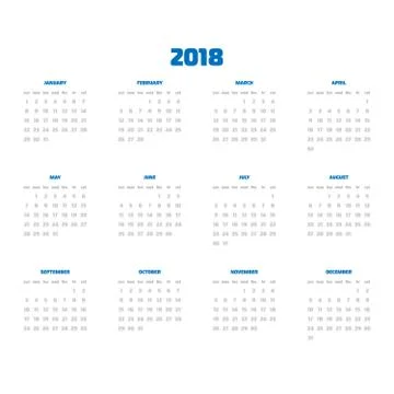 Vector calendar - Year 2018. Week starts from Sunday. Simple flat vector Stock Illustration