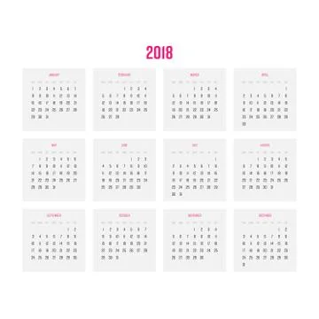 Vector calendar - Year 2018. Week starts from Sunday. Simple flat vector Stock Illustration