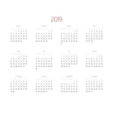 Vector calendar - Year 2019. Week starts from Sunday. Simple flat vector Stock Illustration