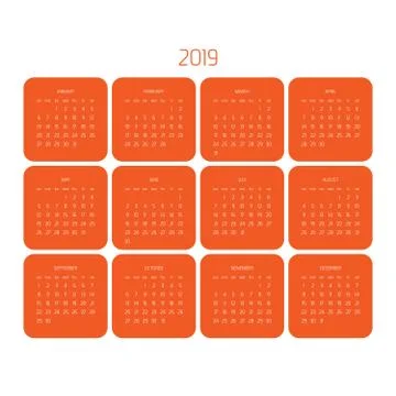 Vector calendar - Year 2019. Week starts from Sunday. Simple flat vector Stock Illustration