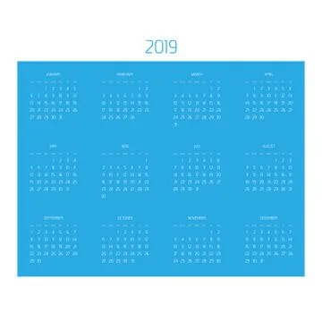 Vector calendar - Year 2019. Week starts from Sunday. Simple flat vector Stock Illustration