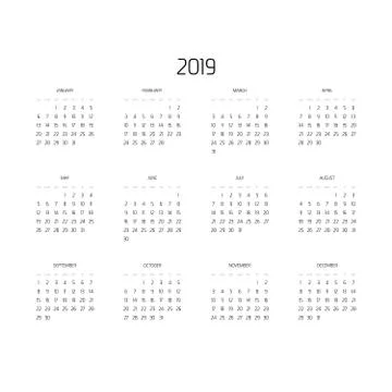 Vector calendar - Year 2019. Week starts from Sunday. Simple flat vector Stock Illustration