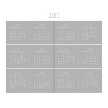 Vector calendar - Year 2019. Week starts from Sunday. Simple flat vector Stock Illustration