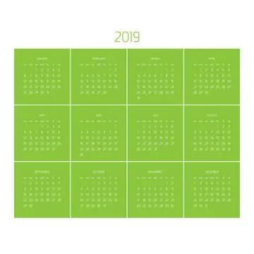 Vector calendar - Year 2019. Week starts from Sunday. Simple flat vector Stock Illustration