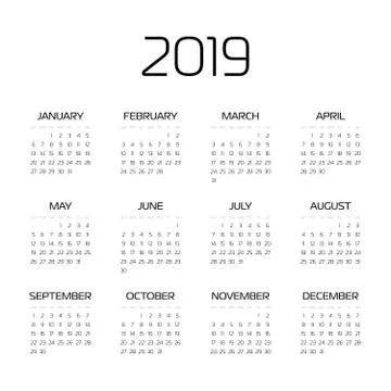 Vector calendar - Year 2019. Week starts from Sunday. Simple flat vector Stock Illustration