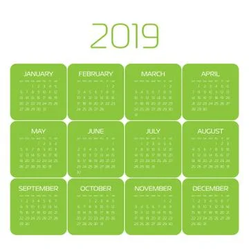 Vector calendar - Year 2019. Week starts from Sunday. Simple flat vector Stock Illustration