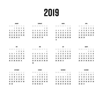Vector calendar - Year 2019. Week starts from Sunday. Simple flat vector Stock Illustration
