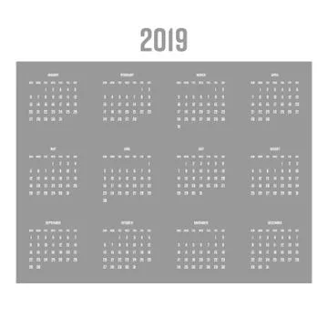 Vector calendar - Year 2019. Week starts from Sunday. Simple flat vector Stock Illustration