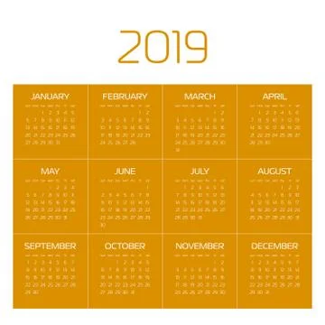 Vector calendar - Year 2019. Week starts from Sunday. Simple flat vector Stock Illustration