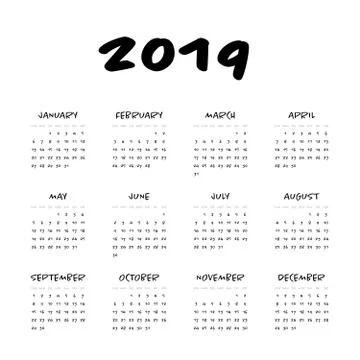 Vector calendar - Year 2019. Week starts from Sunday. Simple flat vector Stock Illustration