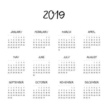 Vector calendar - Year 2019. Week starts from Sunday. Simple flat vector Stock Illustration