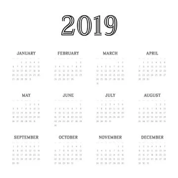 Vector calendar - Year 2019. Week starts from Sunday. Simple flat vector Stock Illustration
