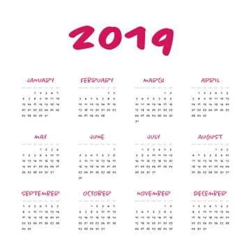 Vector calendar - Year 2019. Week starts from Sunday. Simple flat vector Stock Illustration