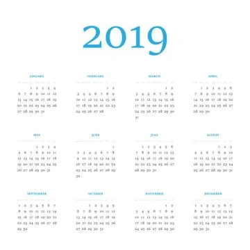 Vector calendar - Year 2019. Week starts from Sunday. Simple flat vector Stock Illustration