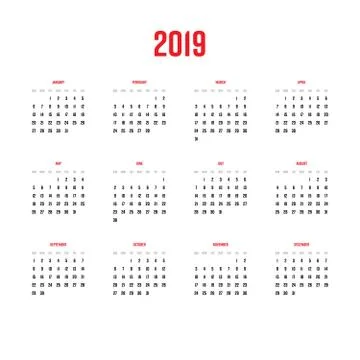 Vector calendar - Year 2019. Week starts from Sunday. Simple flat vector Stock Illustration