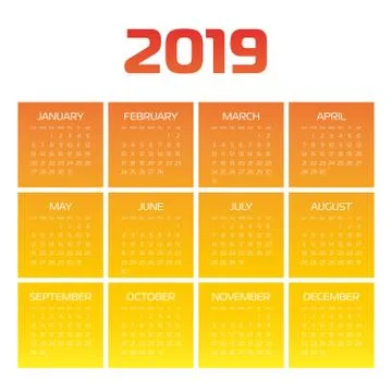 Vector calendar - Year 2019. Week starts from Sunday. Simple flat vector Stock Illustration