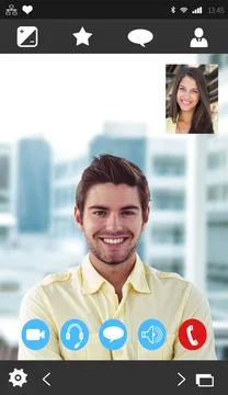 Vector call screen is showing smiling man with inset woman against blurred Foto stock
