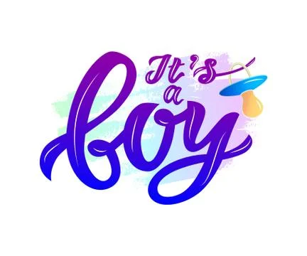 Vector calligraphy lettering Its a boy with nipple soother with watercolor spot. 스톡 일러스트