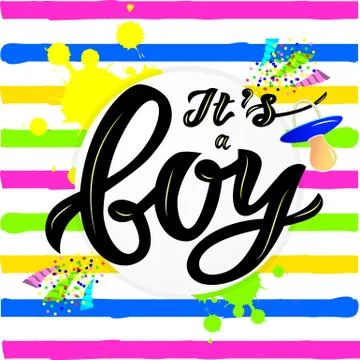 Vector calligraphy lettering Its a boy with nipple soother on striped background 스톡 일러스트