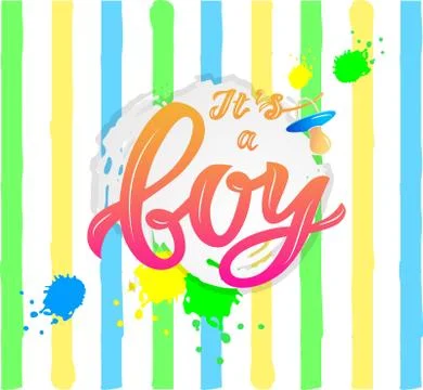 Vector calligraphy lettering Its a boy with nipple soother on striped background Illustrazione stock