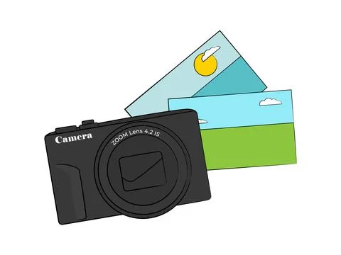 Vector camera with photos isolated on white background. Stock Illustration
