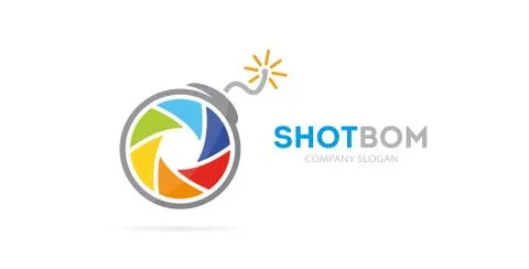 Vector camera shutter and bomb logo combination. Photography and focus symbol or Stock Illustration