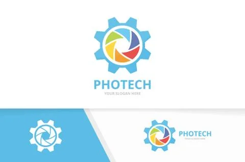 Vector camera shutter and gear logo combination. Lens and mechanic symbol or Stock Illustration