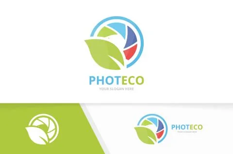 Vector camera shutter and leaf logo combination. Lens and eco symbol or icon Stock Illustration