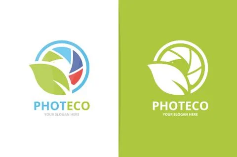 Vector camera shutter and leaf logo combination. Unique photo and organic Stock Illustration