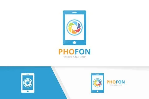 Vector camera shutter and phone logo combination. Lens and mobile symbol or icon Illustrazione stock