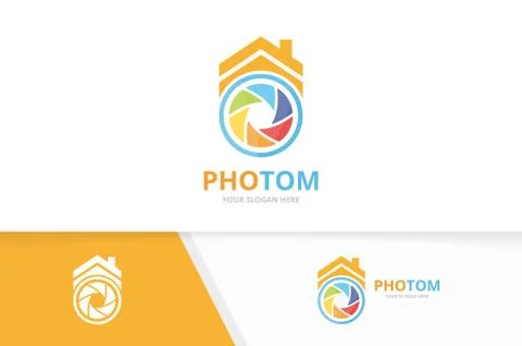 Vector camera shutter and real estate logo combination. Lens and house symbol or Stock Illustration