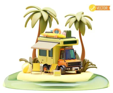 Vector camper van on the beach camping Stock Illustration