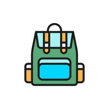 Vector camping backpack, tourist backpack flat color line icon. Stock Illustration