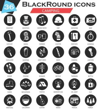Vector camping circle white black icon set. Ultra modern icon design for web. 스톡 일러스트