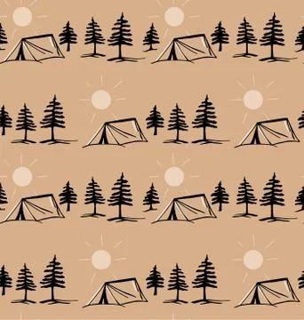 Vector camping. Seamless background with tents, fir trees, the setting sun. Stock Illustration