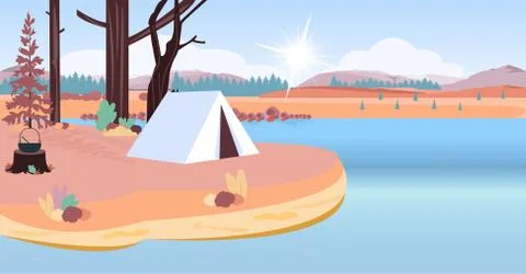 Vector of a camping tent on a lake beach on a summer mountain background Illustrazione stock