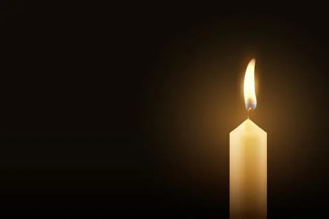 Vector Candle Light. 3d Realistic Burning Flame on Dark Background. Memoria.. Stock Illustration