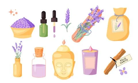 Vector candles and aromatherapy tools and lavender set. Lavender, salt, oil.. Stock Illustration