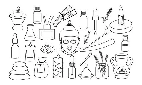 Vector candles and aromatherapy tools and line set. Lavender, salt, oil, palo イラスト素材