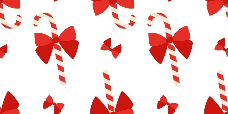 Vector Candy canes with red Bow seamless pattern. Flat style illustration, .. Stock Illustration
