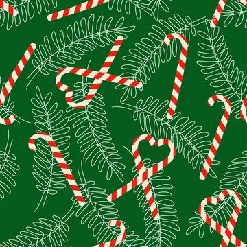 Vector Candy canes seamless pattern with Outline fir branches. Flat style ill Stock Illustration