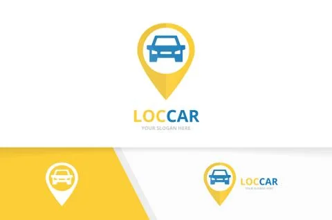 Vector car and map pointer logo combination. Vehicle and gps locator symbol or Illustrazione stock