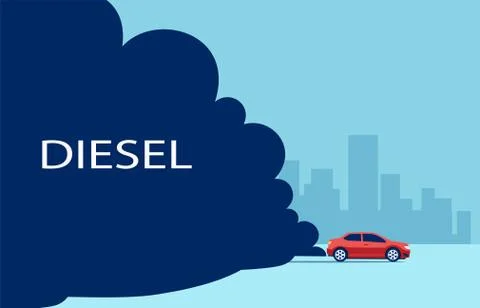Vector of a car emitting a dark smoke on a cityscape background Stock Illustration