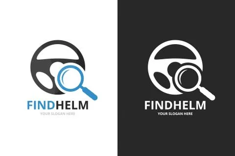 Vector car helm and loupe logo combination. Steering wheel and magnifying symbol Illustration
