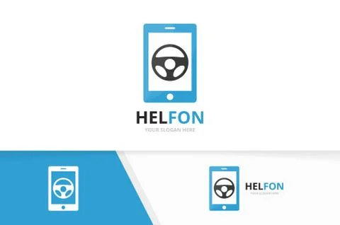 Vector car helm and phone logo combination. Steering wheel and mobile symbol or Illustration