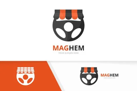 Vector car helm and shop logo combination. Steering wheel and sale symbol or Illustrazione stock