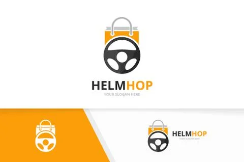 Vector car helm and shop logo combination. Steering wheel and sale symbol or Stock Illustration
